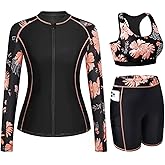 Daci Women 3 Piece Rash Guard - 3PC Long Sleeve Zip up Swim Shirt Sports Bra Modest Swimsuit with Shorts