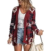 chouyatou Women's Tribal Aztec Print Sweater Open Front Knitted Jacquard Cardigan Sweater