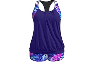 Holipick Plus Size Tankini Swimsuit for Women Two Piece Tummy Control Bathing Suit Blouson Racerback Tankini Top with Shorts
