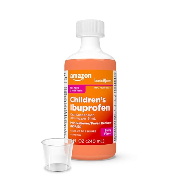 AMAZON BASIC CARE CHILDREN’S IBUPROFEN ORAL SUSPENSION, 100 MG PER 5 ML, PAIN RELIEVER AND FEVER REDUCER, BERRY FLAVOR, FOR SORE THROAT, HEADACHE RELIEF AND MORE, 8 FL OZ (PACK OF 1)