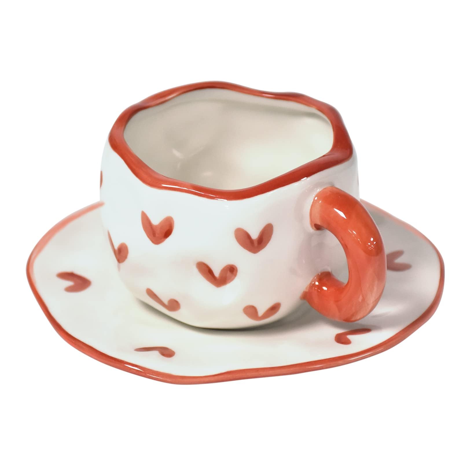 Koythin Ceramic Coffee Mug with Saucer Set, Cute Creative Cup Unique Irregular Design for Office and Home, Dishwasher and Microwave Safe, 10 oz/300 ml for Latte Tea Milk (Red Heart)