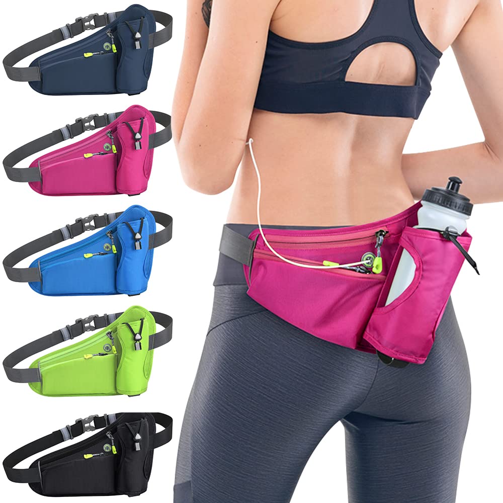 Tyuodna Running Belt with Water Bottle Holder,Ultra Light and Waterproof Waist Pack, with Reflective Strips and Headphone Hole Ideal Adjustable for Exercise, Travel Hiking & Outdoor Activities (Pink)