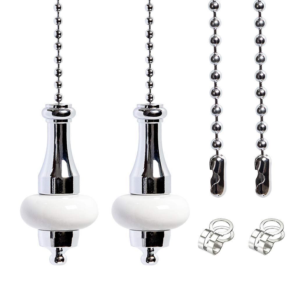 LY 2 Pcs Light Pull Chain Switch Pull Cord Weight Handle Metal Chrome Plated with White Ceramic Connectors, Ceiling Fan Pull Chain Bathroom Toliet Light Pulls Cord 1 Meter