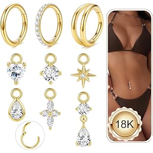 LOREMOW 14G Hoop Belly Button Rings for Women Hypoallergenic Surgical Steel Cliker Dangle Belly Rings Hoop Gold Plated Heart