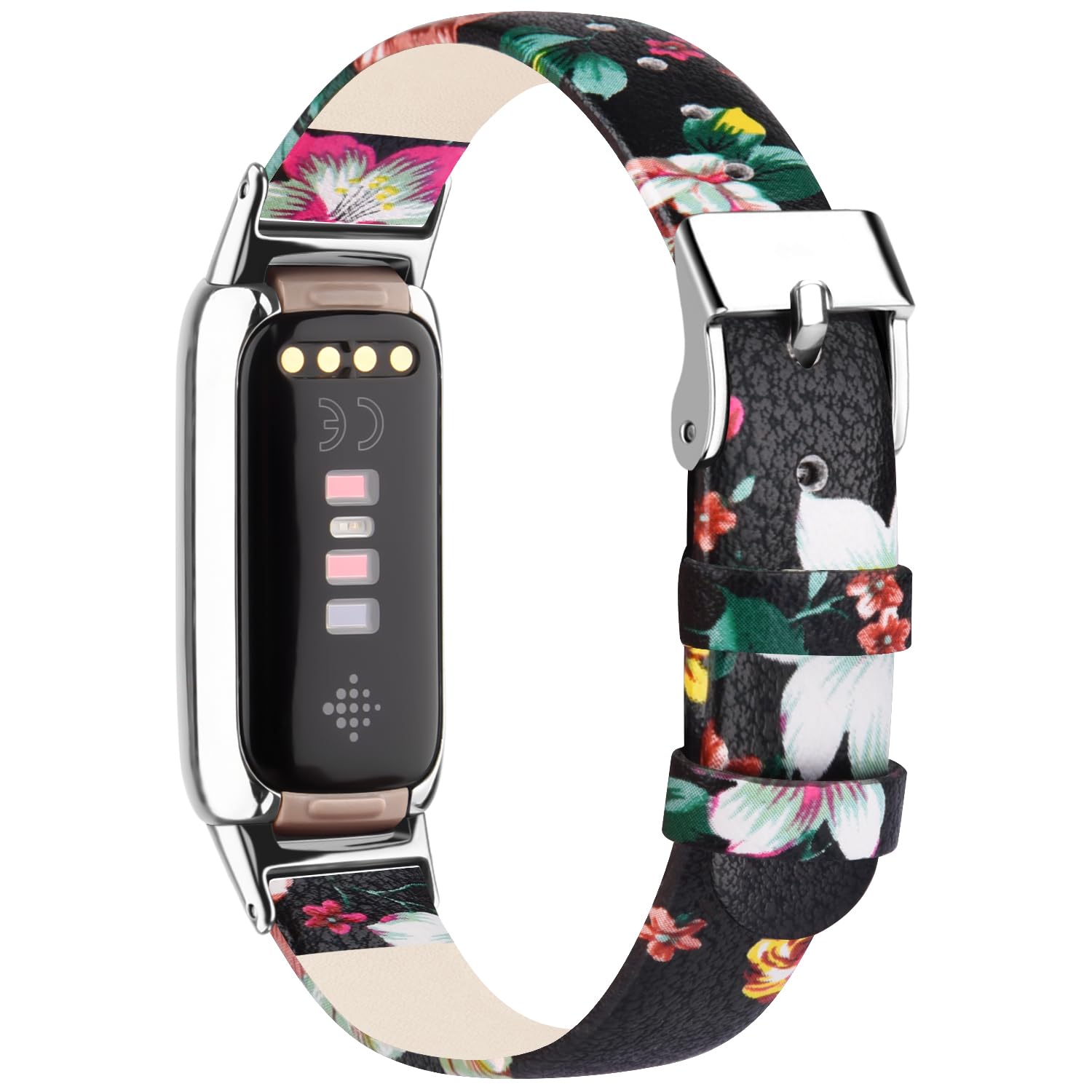 Leather Strap Compatible with Fitbit Luxe Strap for Women Men,Soft Breathable Leather Sport Wristband Metal Classic Buckle Bracelet Replacement Strap for Fitbit Luxe Fitness Tracker(Black Red Flower)