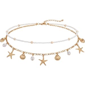 uwsic Women Layer Beaded Belly Chain Gold Plated Ocean Charm Waist Chain with Pearl Starfish Seashell Pendant, Adjustable Boh