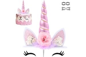 ZKPTOPS Unicorn Cake Topper Unicorn Birthday Party Supplies Unicorn Cake Decoration Pink Unicorn Horn Cake Topper Unicorn Birthday Decorations for Girls First Birthday Cake Topper with Eyelashes, 5.8 Inch