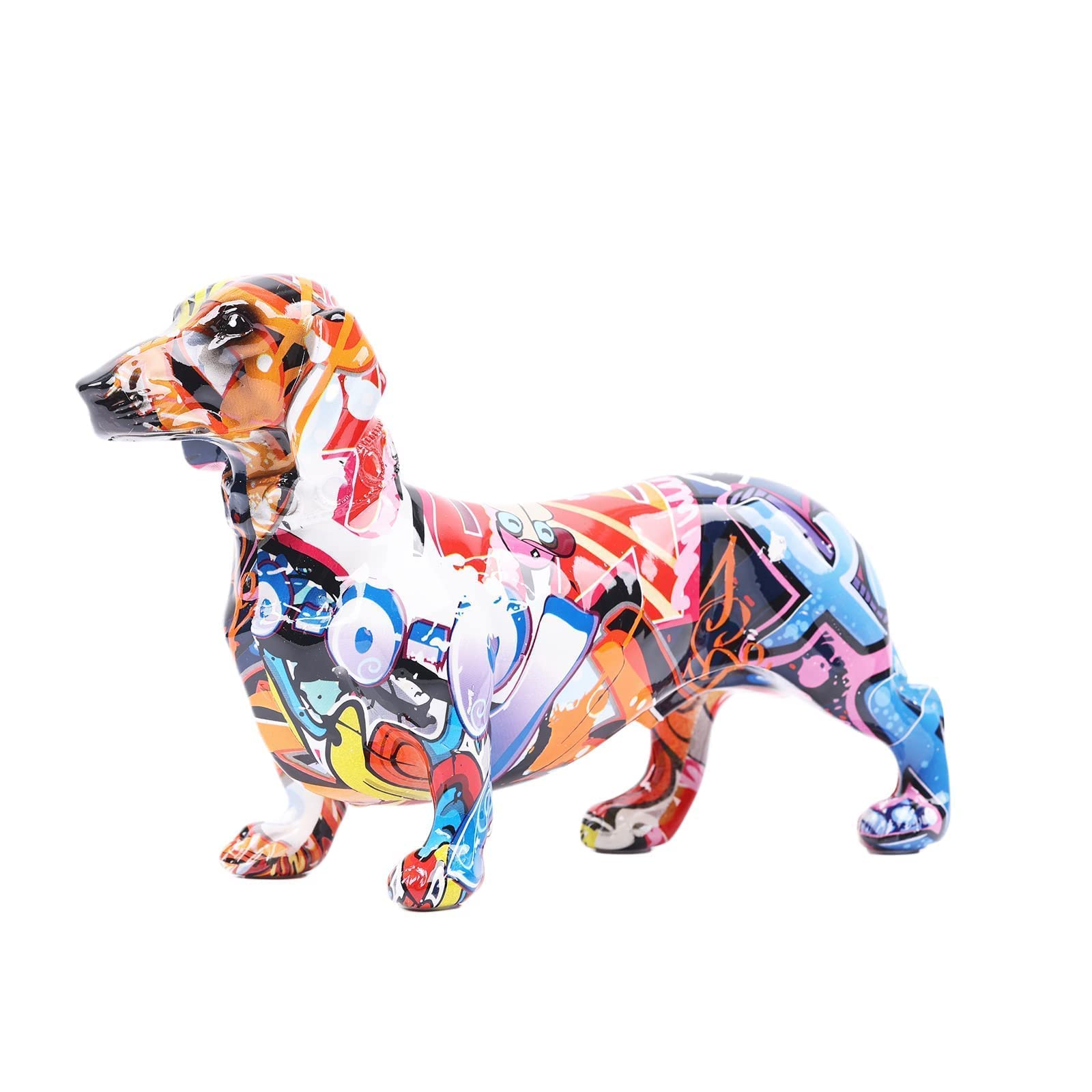 suruim Creative Painted Colorful Dachshund Dog Decoration Home Modern Wine Cabinet Office Decor Desktop Resin Crafts Miniatures Statue (8.6x3.1x5.5in)
