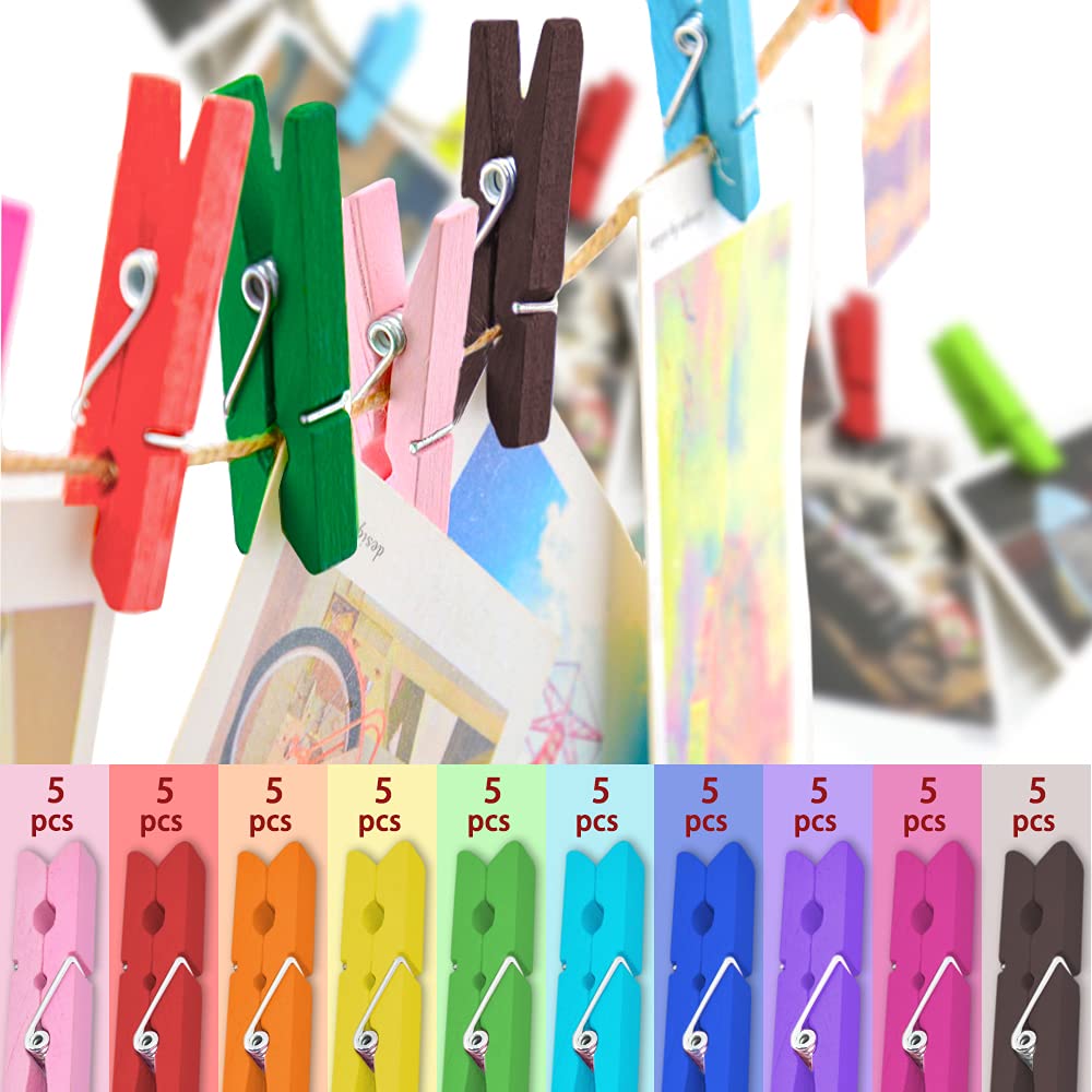 50PCS Colored Wooden Clothespins, 2.9inch 10 Color Clothes Pins for Clip Pictures Photos Decorative, Small Colorful Wood Decoration Closepins Clips,10 Color Each 5Pcs