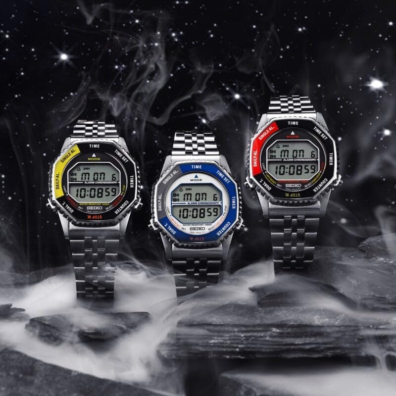 Orologio cronografo digitale classico da uomo, acciaio inossidabile, 37 mm, cinturino in acciaio inossidabile, argento, 10 bar, display LCD, due fusi orari, conto alla rovescia, allarme
