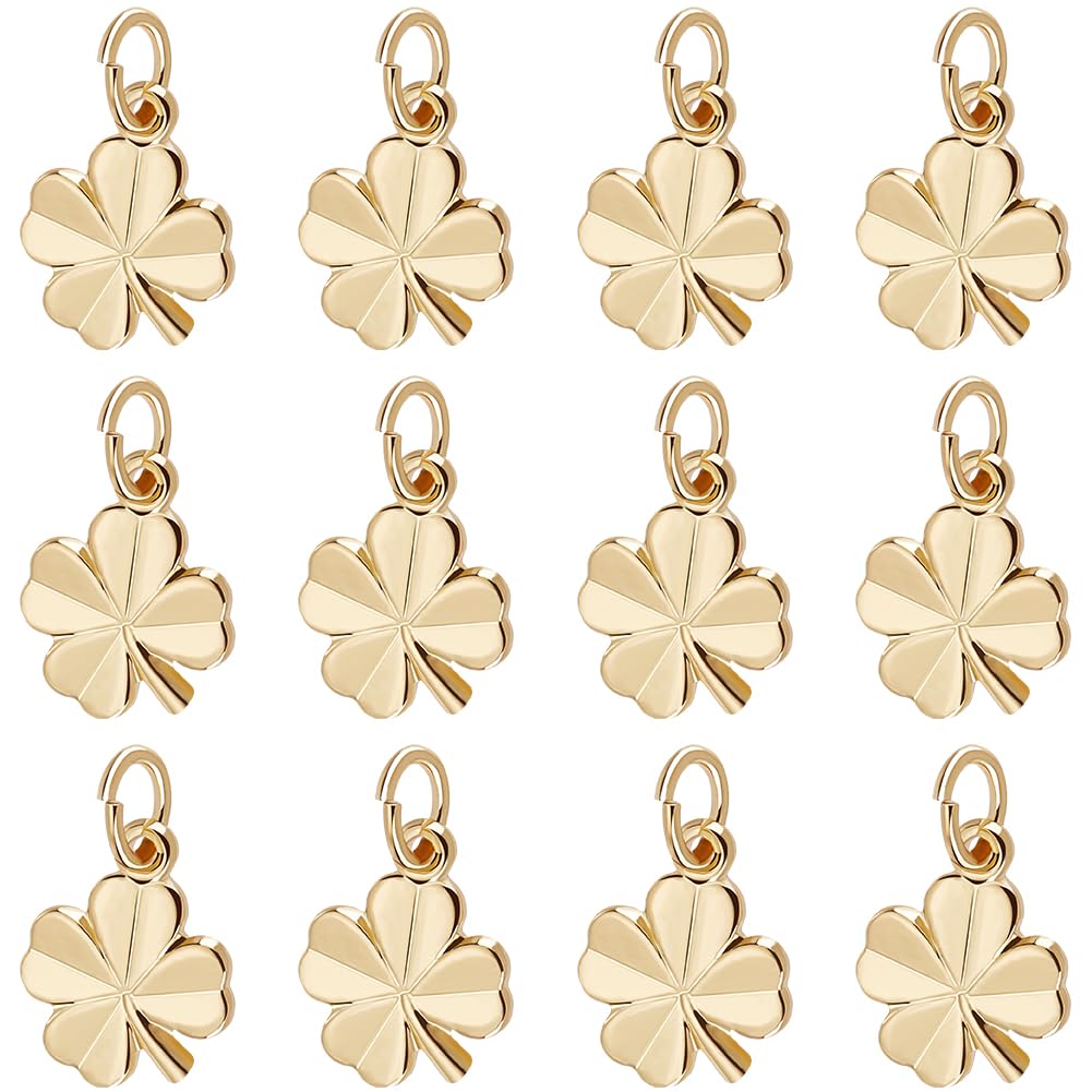 Beebeecraft 1 Box 40Pcs Four Leaf Clover Charm 18K Gold Plated Small 9x11mm Good Luck Gold Shamrock Charms with Jumping Ring for St. Parik's Day Jewellery Making DIY Crafts