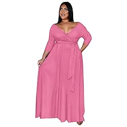 Runwind Plus Size Dress for Women 3/4 Sleeve V Neck