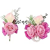 Floinla Soft Rose Pink Corsage and Boutonniere Set for Wedding Prom, Artificial Calla Lily Rose Flower Wrist Corsage Bracelets, Homecoming Wristlet, Boutonniere for Men Suit Decorations