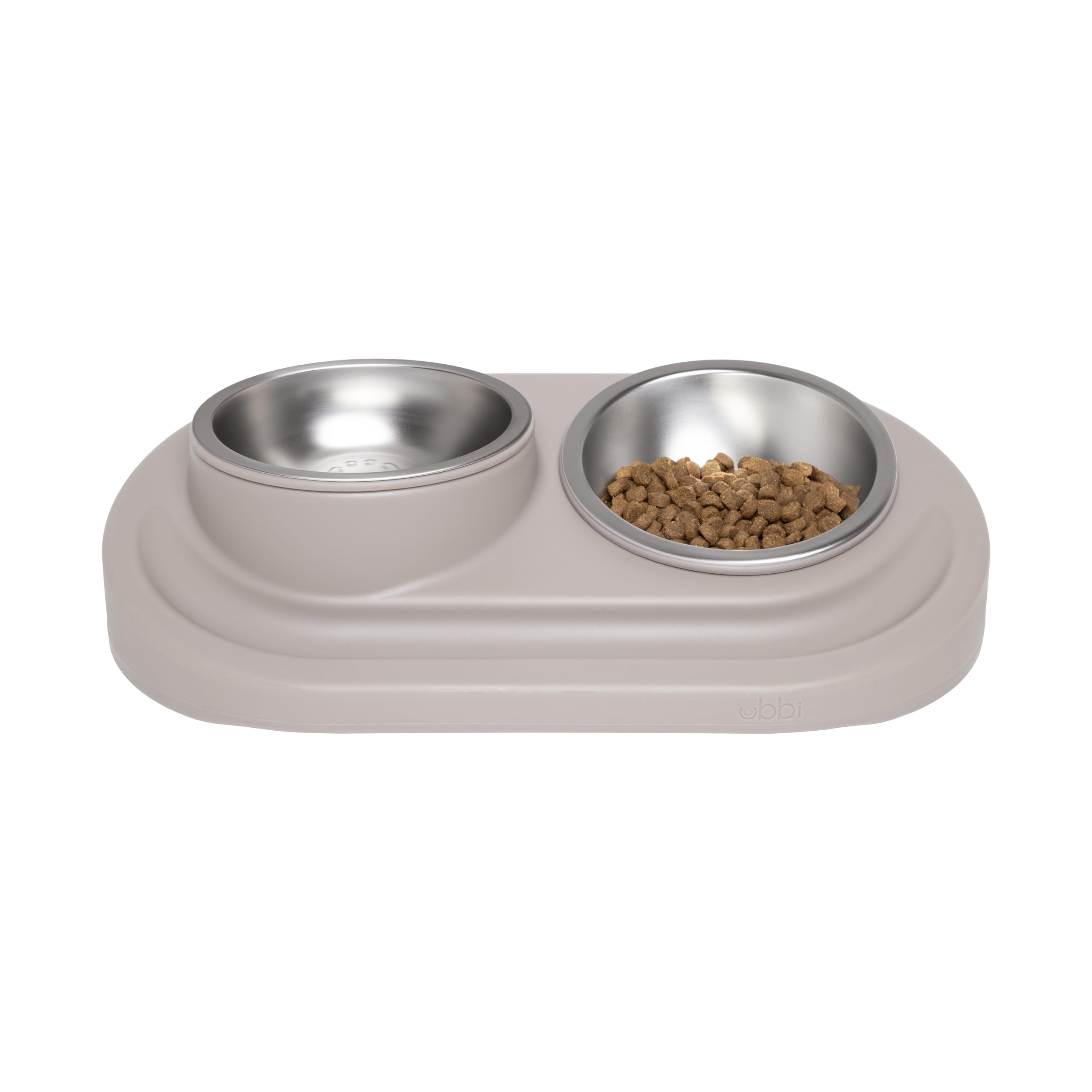 Ubbi Pet Feeding Bowls and Silicone Mat Set, One Elevated and One Flat Stainless Steel Bowl with Non-Slip Silicone Mat, Pet Feeder Bowls for Dogs or Cats, Ergonomic Design, Taupe