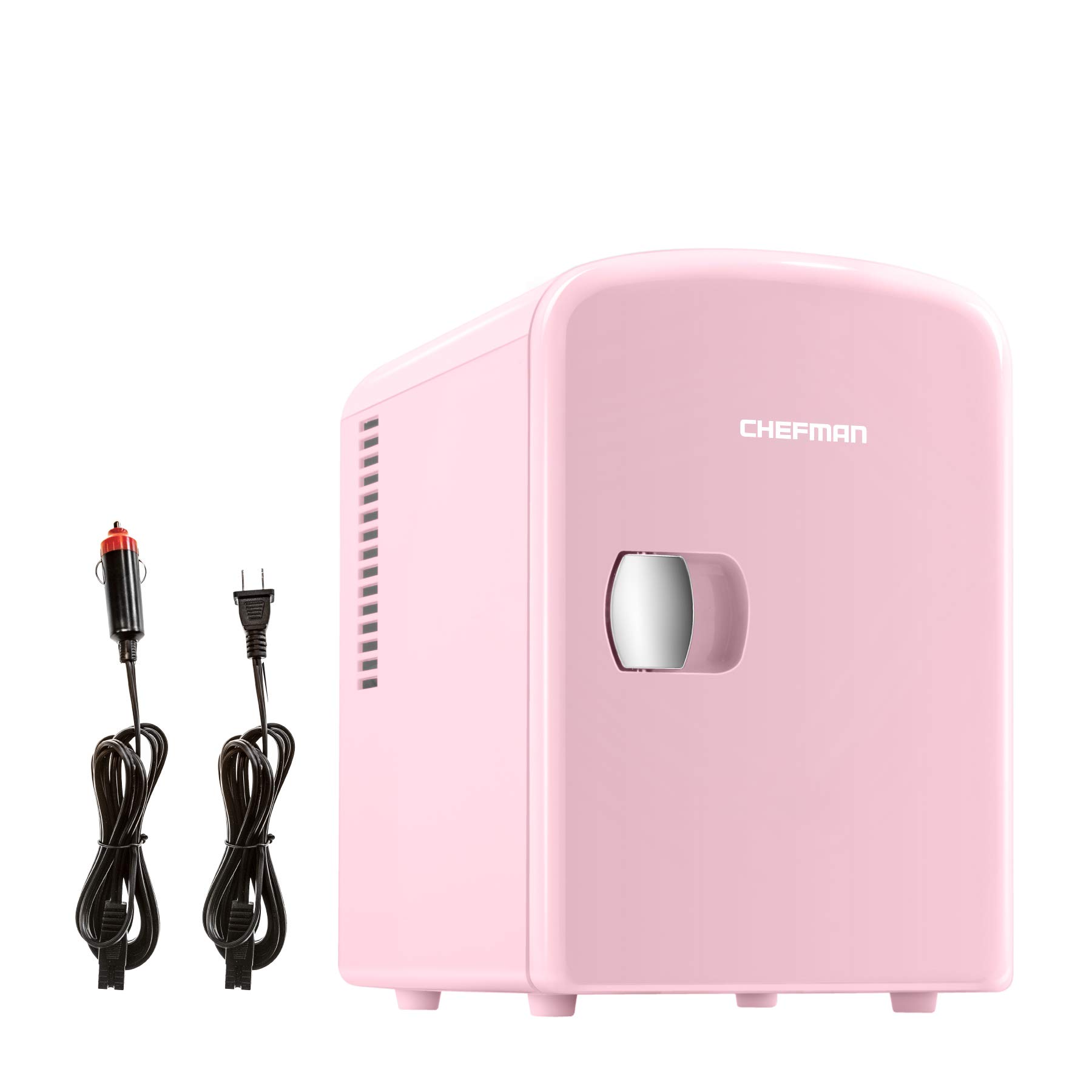 Chefman Mini Portable Compact Personal Fridge Cools & Heats, 4 Liter Capacity, Chills 6 12oz cans, 100% Freon-Free & Eco Friendly, Includes Plugs for Home Outlet & 12V Car Charger, Pink