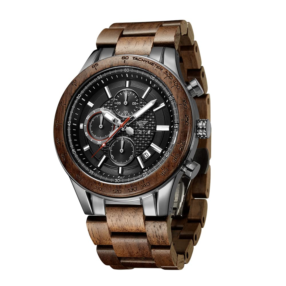 VICVS Men's Wood and Stainless Steel Watches, Chronograph 3 Dials Chronograph Quartz Casual Business Multifunctional Men's Wood Watches, Handmade (Walnut Metal)