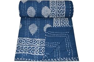 MAVISS HOMES Indian Block Print Quilt Kantha Quilt Queen Size Throw Blanket Bedspread Pure Cotton (Twin 90 X 60 Inch, Blue)