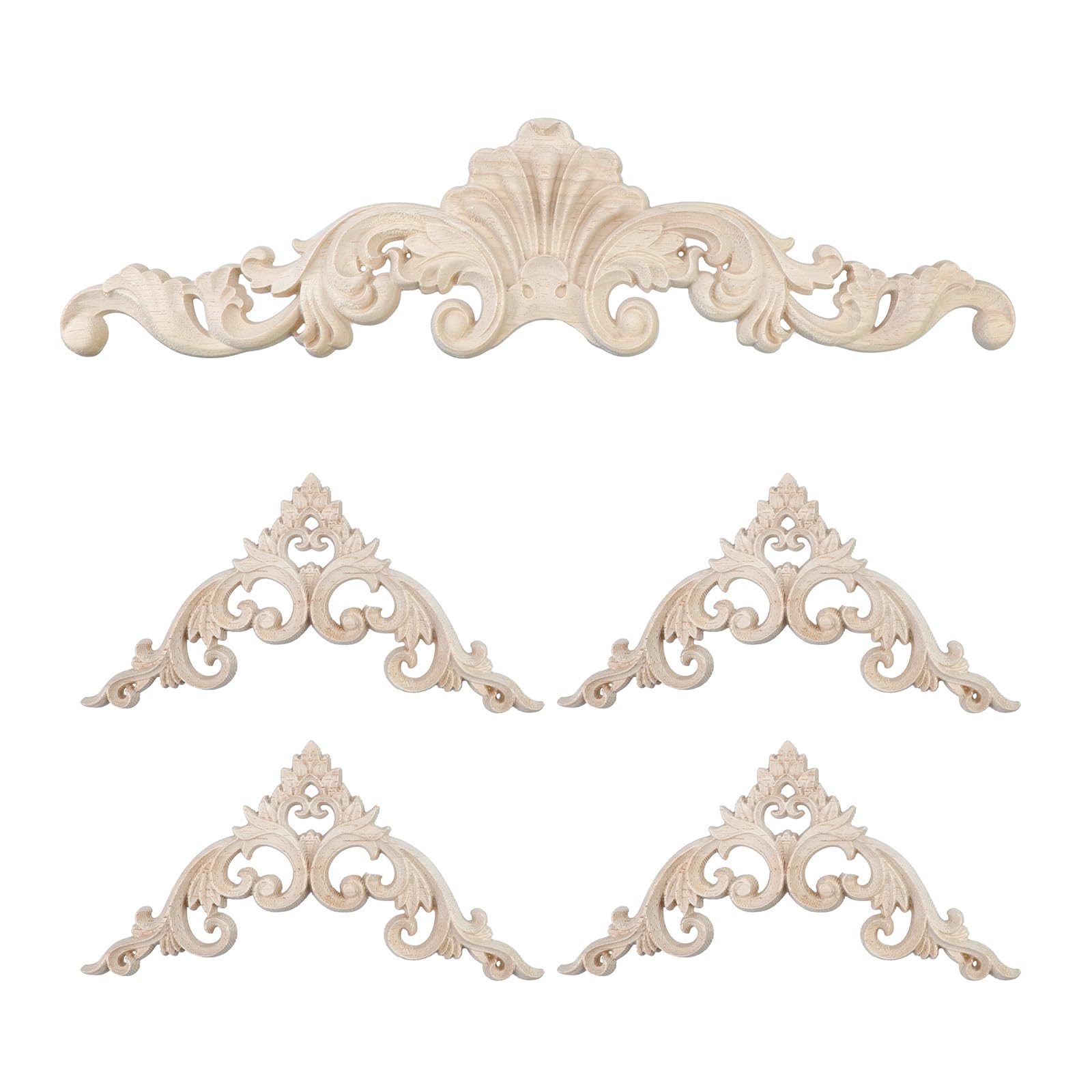 Photo 1 of Wealrit 5 PCS Wood Carved Appliques Unpainted Wooden Decorative Onlays Furniture Corner/Center Decals for Door Wall Ceiling Cabinet Dresser(3.9" x 3.9", 11.8" x 3.1")