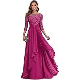 Fu Jiang Short Sleeve Lace Applique Mother of The Bride Dresses for Wedding Long Chiffon Formal Evening Dresses