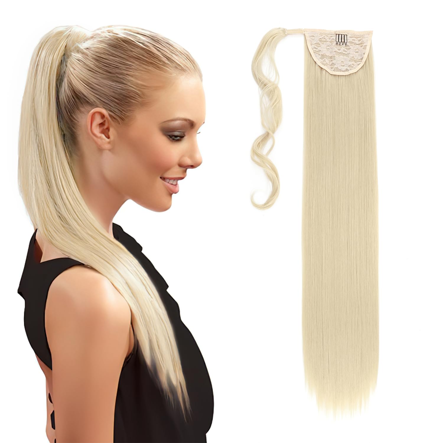 Ponytail Extension Wrap Around Long Straight Curly Clip in Ponytail Hair Extensions for Women Brown Black Blonde Hairpiece 32"-Straight, Bleach Blonde