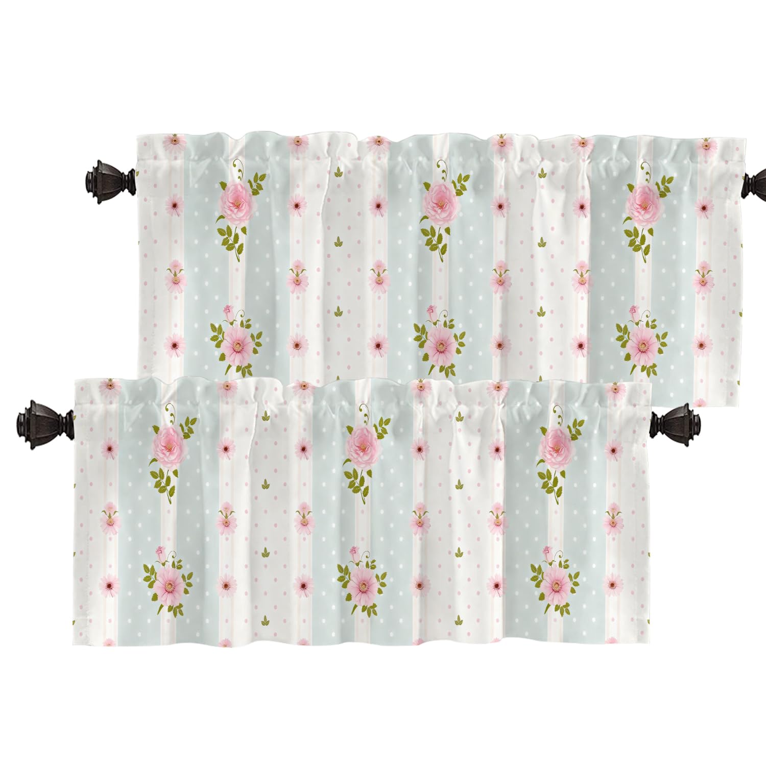Batmerry Shabby Chic Roses Valance Curtains, Vintage Floral Stripes Polka Dot Laces Window Treatment Kitchen Valances Multilayer Polyester Blackout for Living Room/Bathroom, Pack of 2, 52 x 16 Inches