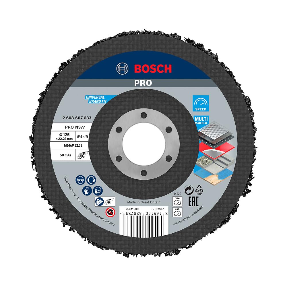 Bosch 1x PRO Multi Material Cleaning Disc N377 for Small Angle Grinders (for Steel sheets, Steel, Ø 125 mm, Grit, Professional Accessory Small Angle Grinder)