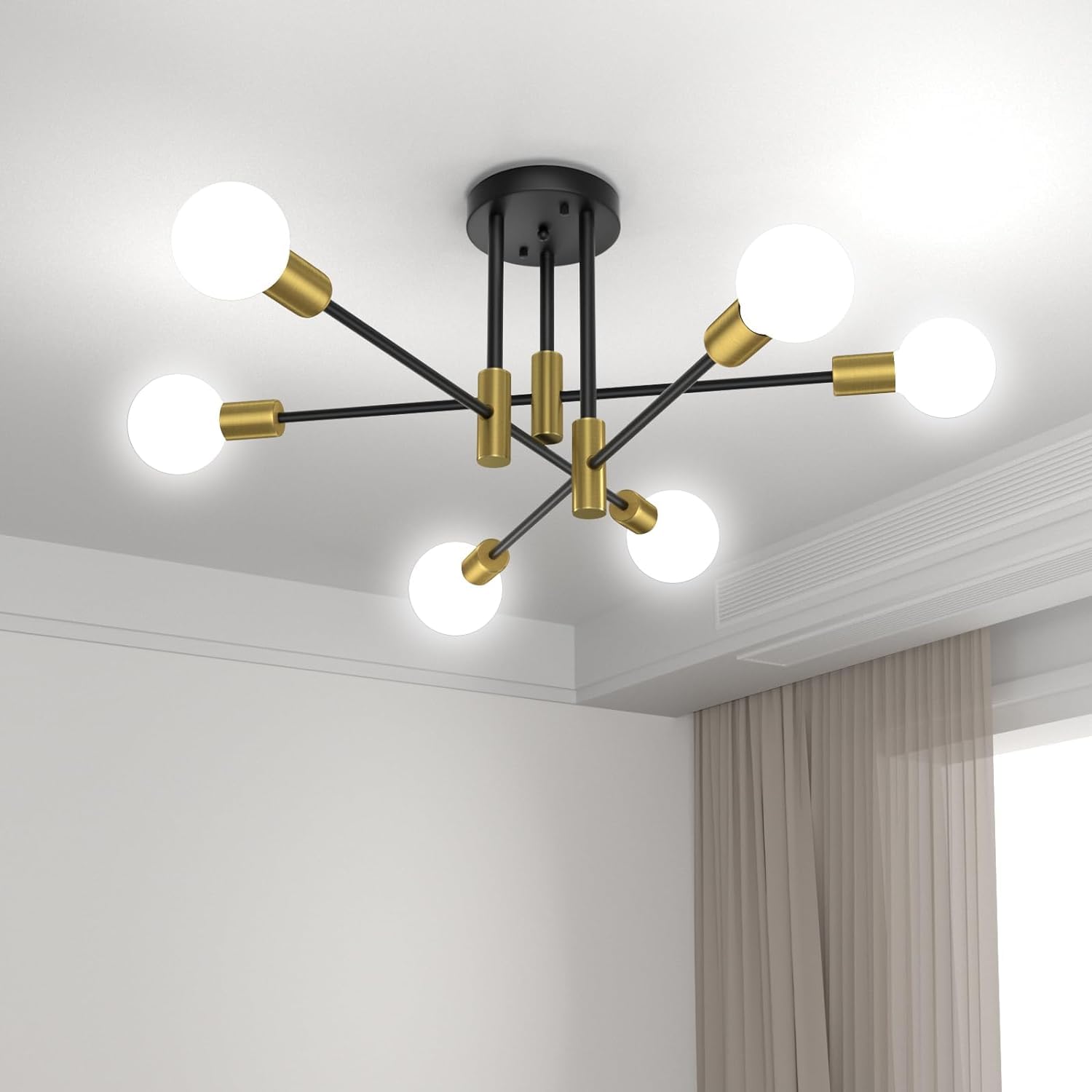Gbood 6-Lights Black Gold Semi Flush Mount Ceiling Light Fixture,Sputnik Chandelier for Bedroom Lighting, Industrial Kitchen Light Fixture Ceiling Mount for Dining Room Hallway Living Room