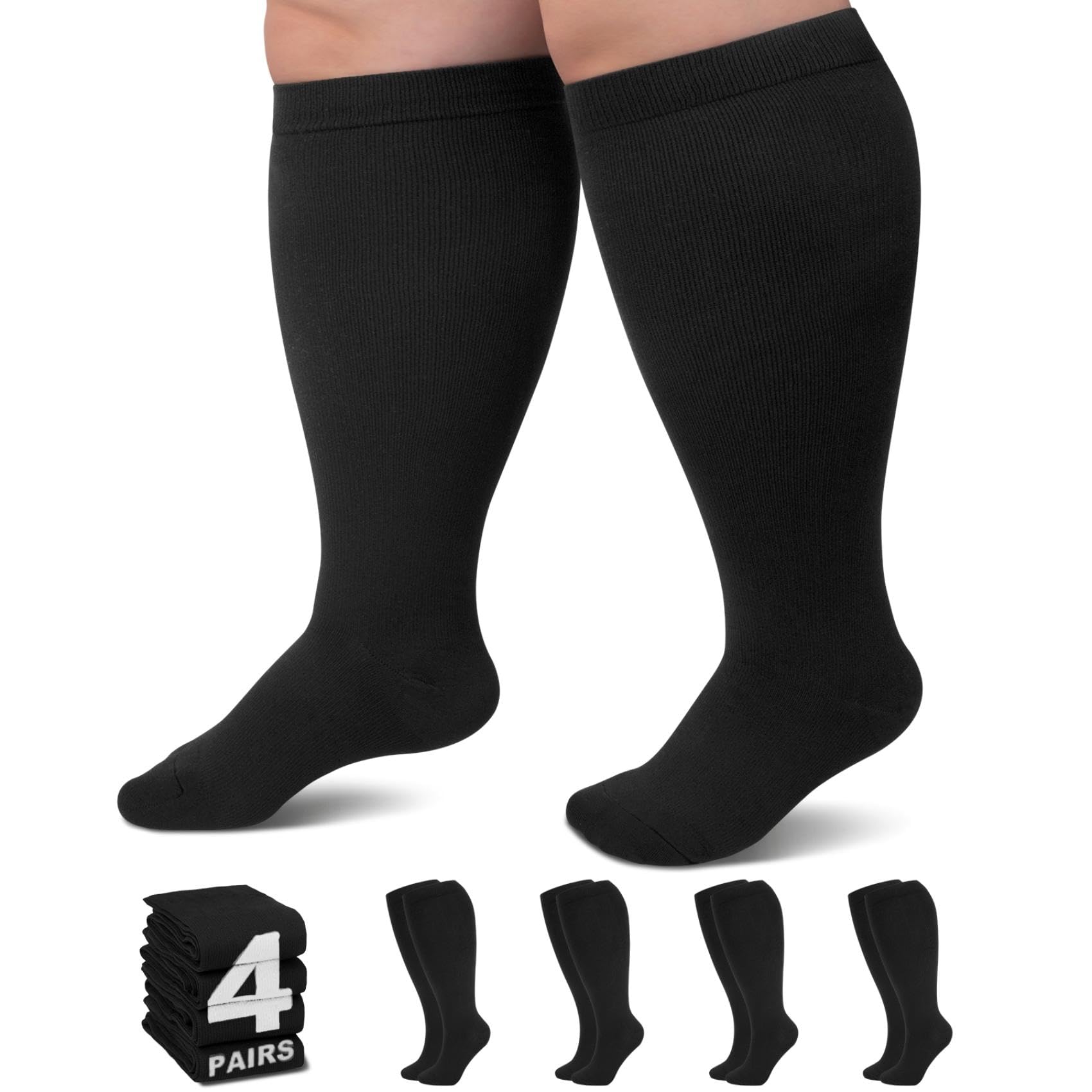 Photo 1 of 4 Pairs Plus Size Compression Socks for Women Wide Calf L/XL-5XL (15-20mmhg) Compression Socks Men Knee High Support Compression Stockings for Women Wide Calves Big Calf Wide Leg Foot for Nurses and Flying
