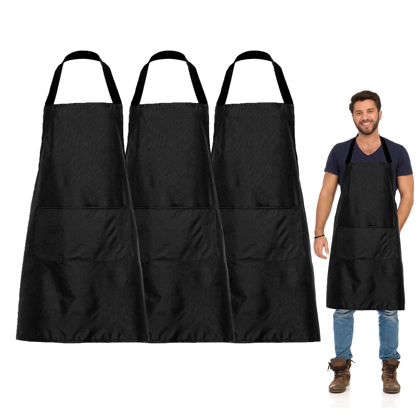 FUIPVGI 3 Pack Chef Apron, Black Kitchen Apron with 2 Pockets, Unisex-Adults