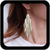 Erimberate Bohemian Layered Leaf Dangle Earrings Gold Feather Drop Earrings Long Chandelier Leaf Earrings Metal Hook Earrings Jewelry for Women