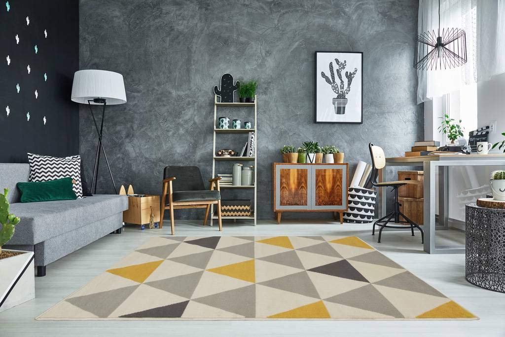 The Rug House Milan Ocre Amarillo Mostaza Gris Beige con triángulos arlequín Tradicional Alfombra de salón