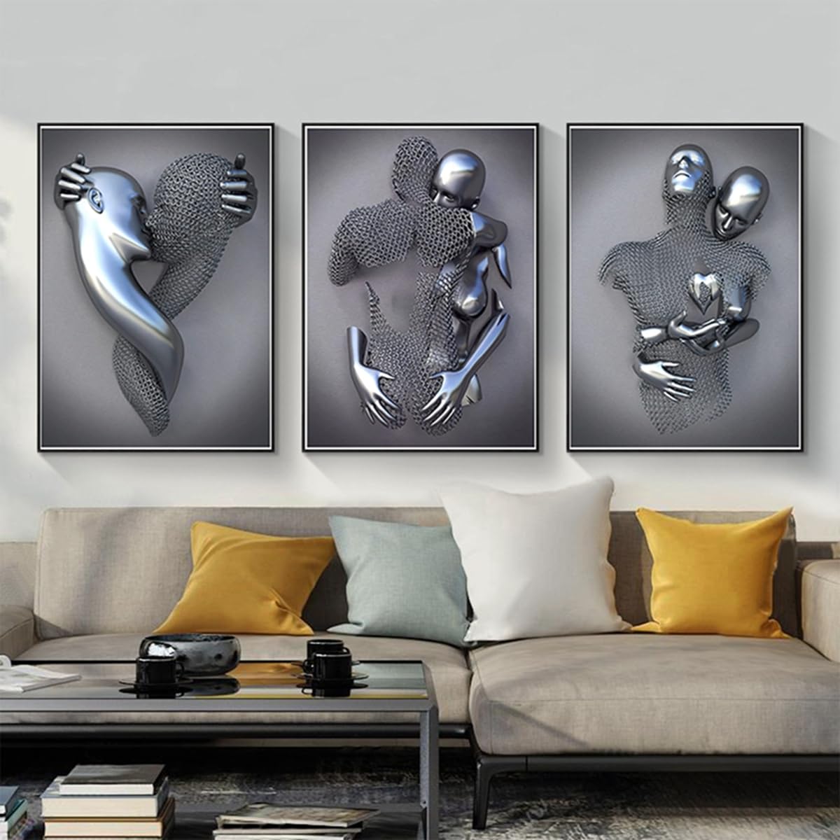 Romantic Hugging Couple Sculpture Poster, 3D Lovers Sculpture Poster, Metal Figure Statue, Art Canvas Painting - Without Frame (3 Pieces - 30 x 40 cm, Figure-3)
