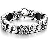 Mens Stainless Steel Curb Chain Link Bracelet with Vintage Cross Charms