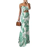 CHICME Floral Printed Prom Dress Tie Ruched Shirred Bandeau Party Dress Slim Fit Ruffle Hem Vacation Dresses