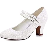 ElegantPark HC1808 Women Cross Ankle Strap Pumps Chunky Heel Closed Toe Satin Bridal Wedding Shoes Ivory US