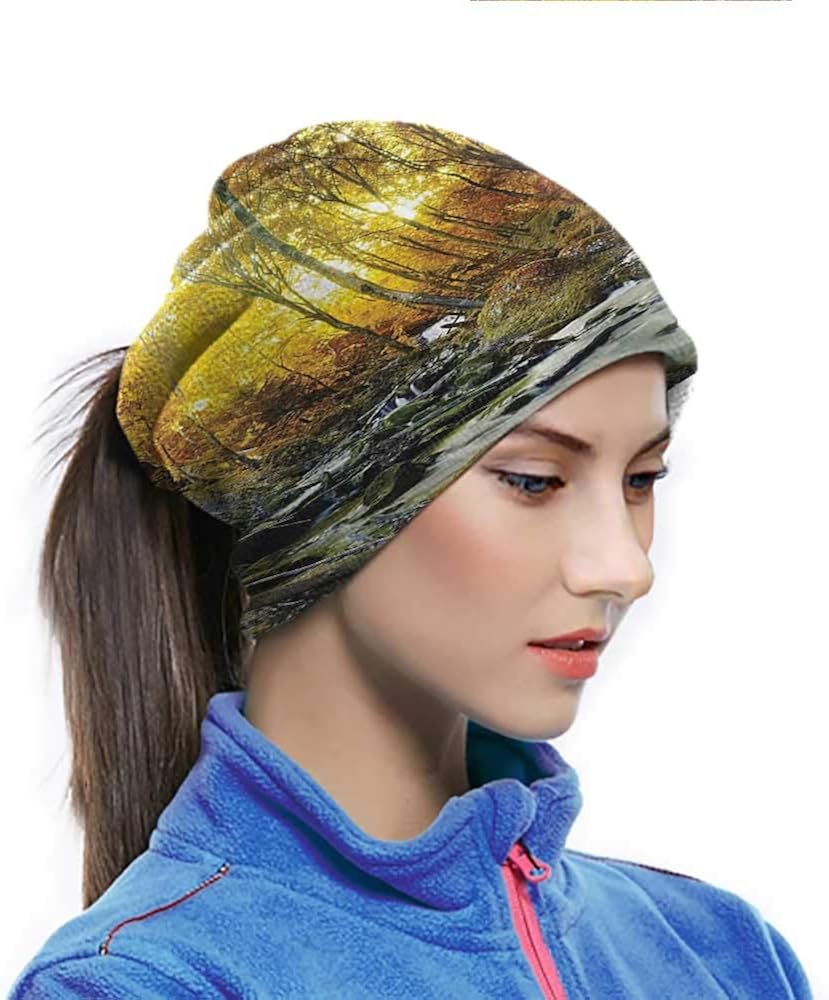 Head Wrap Autumn Time River Creek Forest Falling Leaves Rocks Trees Foliage Sunbeams Branches Elastic Headwear Also can Wearing on Wrist or Around Ankle Multi 10 x 11.6 Inch