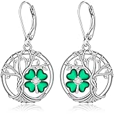 St Patricks Day Earrings for Women Shamrock Sterling Silver Tree of Life Earrings 4 Leaf Clover Pendant Good Lucky Irish Shamrock Green Clover Jewelry Holiday