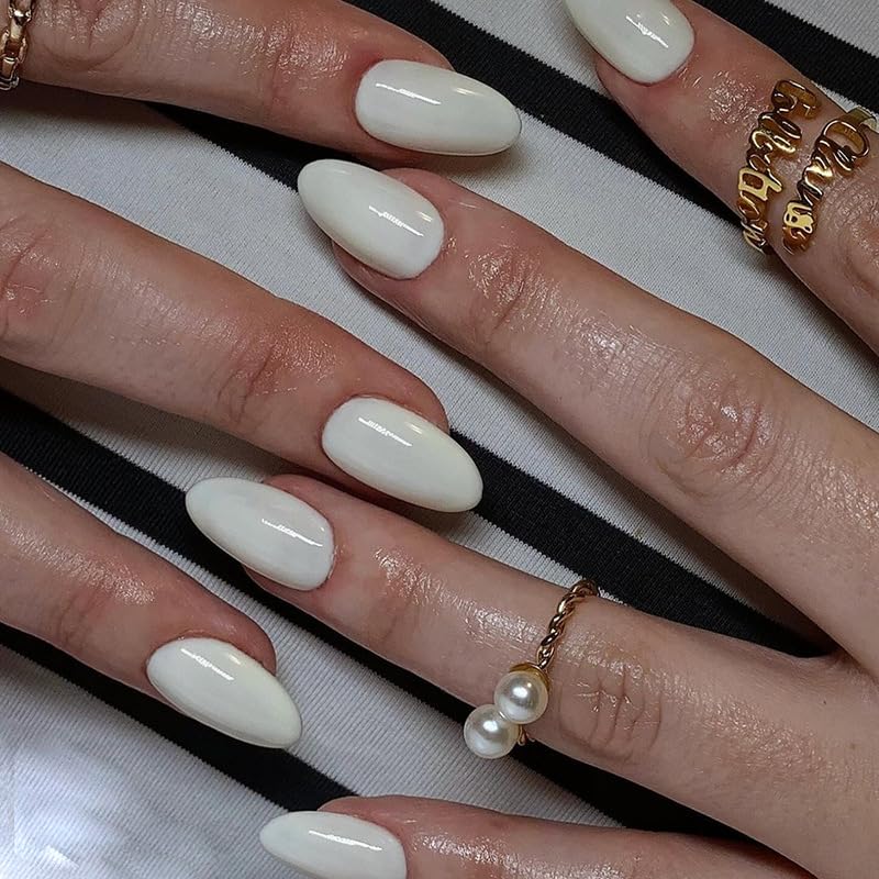 Mgmxbsth 24PCS Almond Medium Pressed Nail,Christmas Fake Nails, White French Tip False Nails, Stick On Nails, Pure Colour Tip Full Coverage Nail, Suitable for Women and Girls(Milky White)