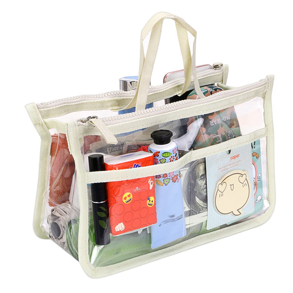 IGNPION Transparent PVC Insert Handbag Organizer 8 Pockets Travel Makeup Toiletry Wash Bag Cosmetic Pocket Purse Organizer Insert for Girls Women with Zipper and Handles (Beige)