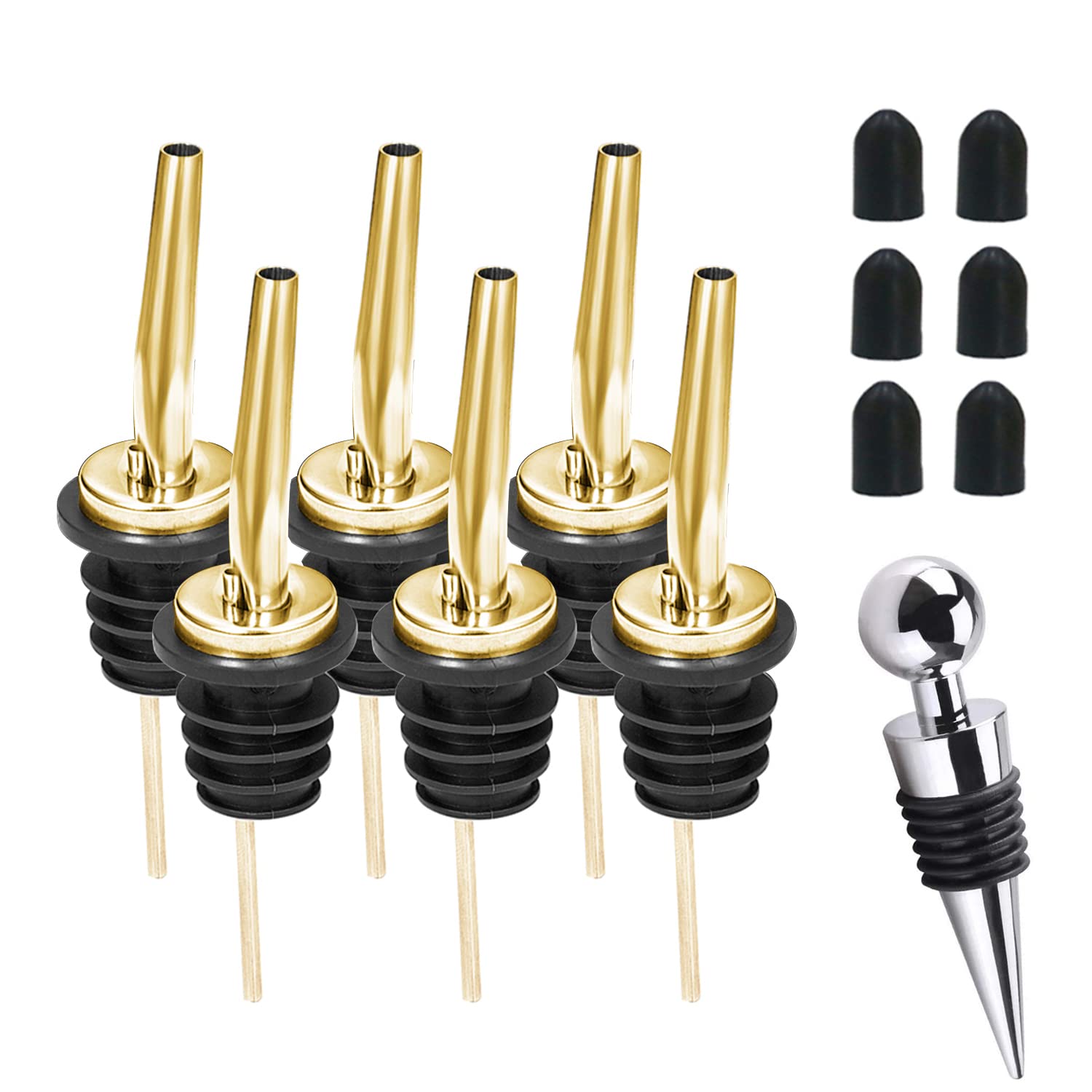 WAFJAMF 6 Pcs Liquor Pour Spouts Set - Stainless Steel Speed Pourers for Wine, Spirits, Olive Oil & Vinegar (Gold)