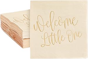 50 Pack Pink Baby Shower Napkins – “Welcome Little One” Light Tan Napkins with Gold Foil for Baby Shower Decorations (5x5 in)