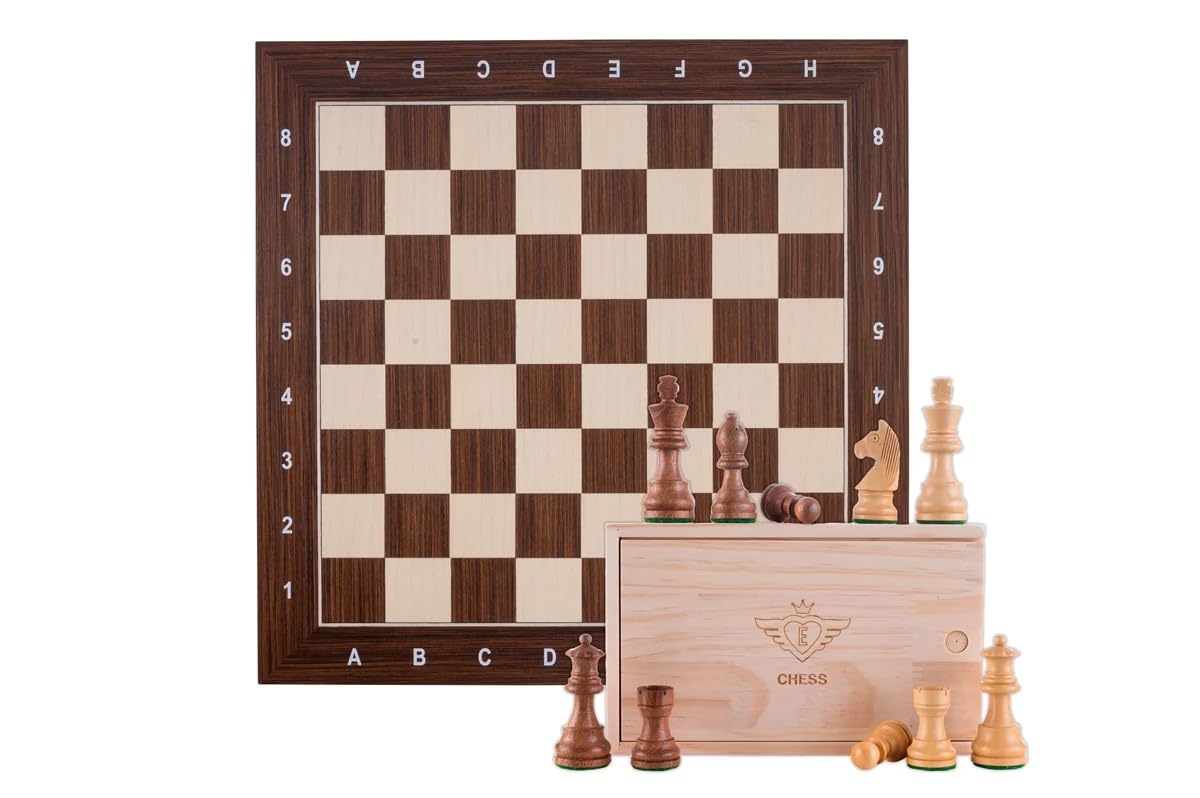 Engelhart - 170494 - Luxurious 40 cm Brown Chess Set with Coordinates – Maple & Cassia Wood Board with Inlays – Weighted Carved Pieces – Ages 6+ KING HEIGHT 76 MM