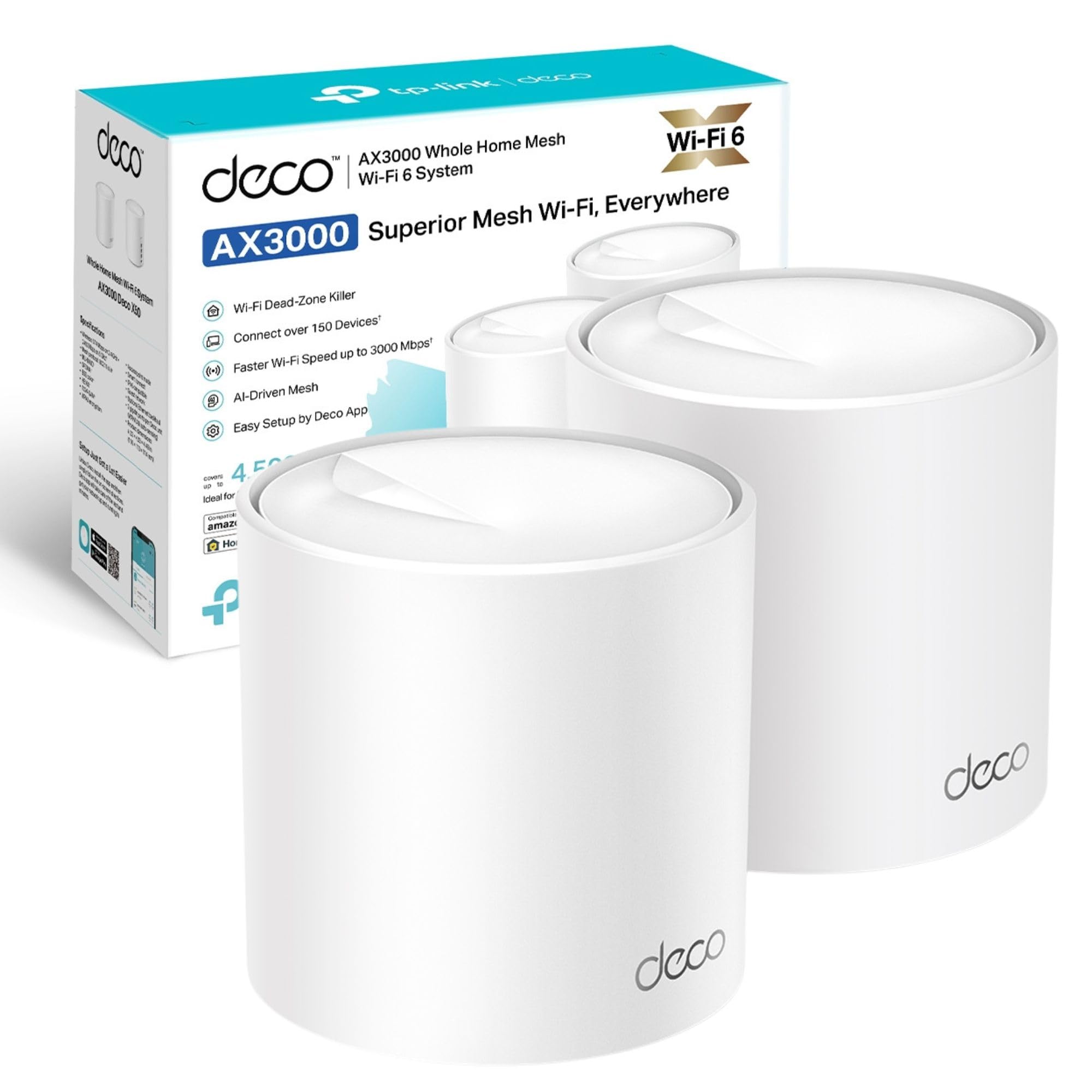 TP-Link Deco X50(2-pack) AX3000Mbps Whole Home AI-Driven Mesh WiFi 6 System, Dual-Band WiFi Booster with 3x Gigabit Ports, Coverage up to 4,500 ft2, Connect up to 150 devices, HomeShield Security