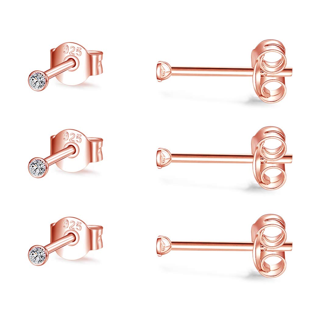 CERSLIMO Silver Stud Earrings for Women Men Girls, 3 Pairs Sterling Silver Tiny Round Stud Earrings Small Dainty Cartilage Tragus Cubic Zirconia Earrings Set (2mm, Rose Gold)
