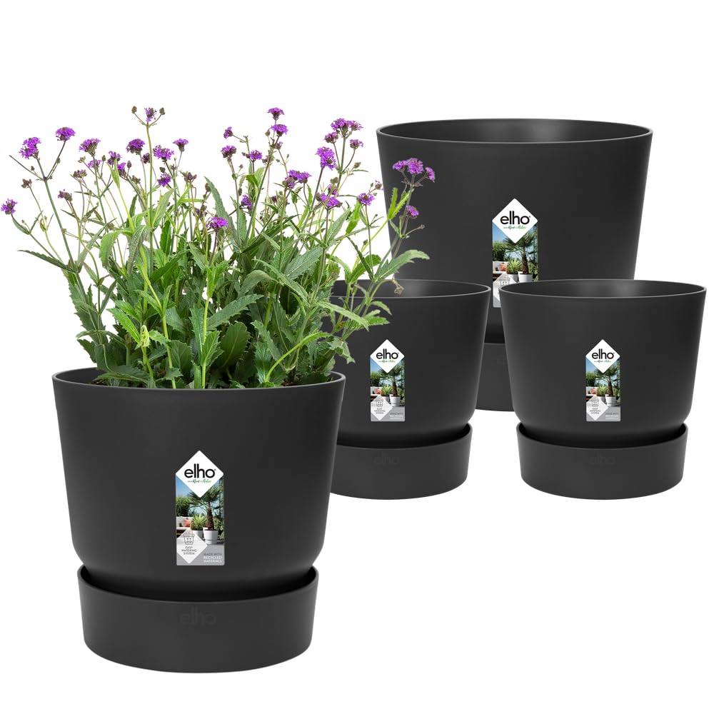 elho Greenville Round - Flower Pots with Integrated Water Reservoir - Indoor & Outdoor - 100% Recycled Plastic - Set of 4 - Ø 14, 16 cm - Black/Living Black
