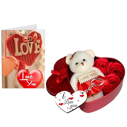 Sky Trends Fabric Heart-Shaped Box with Teddy and Roses and Wooden Keychain with Greeting Card(Red)