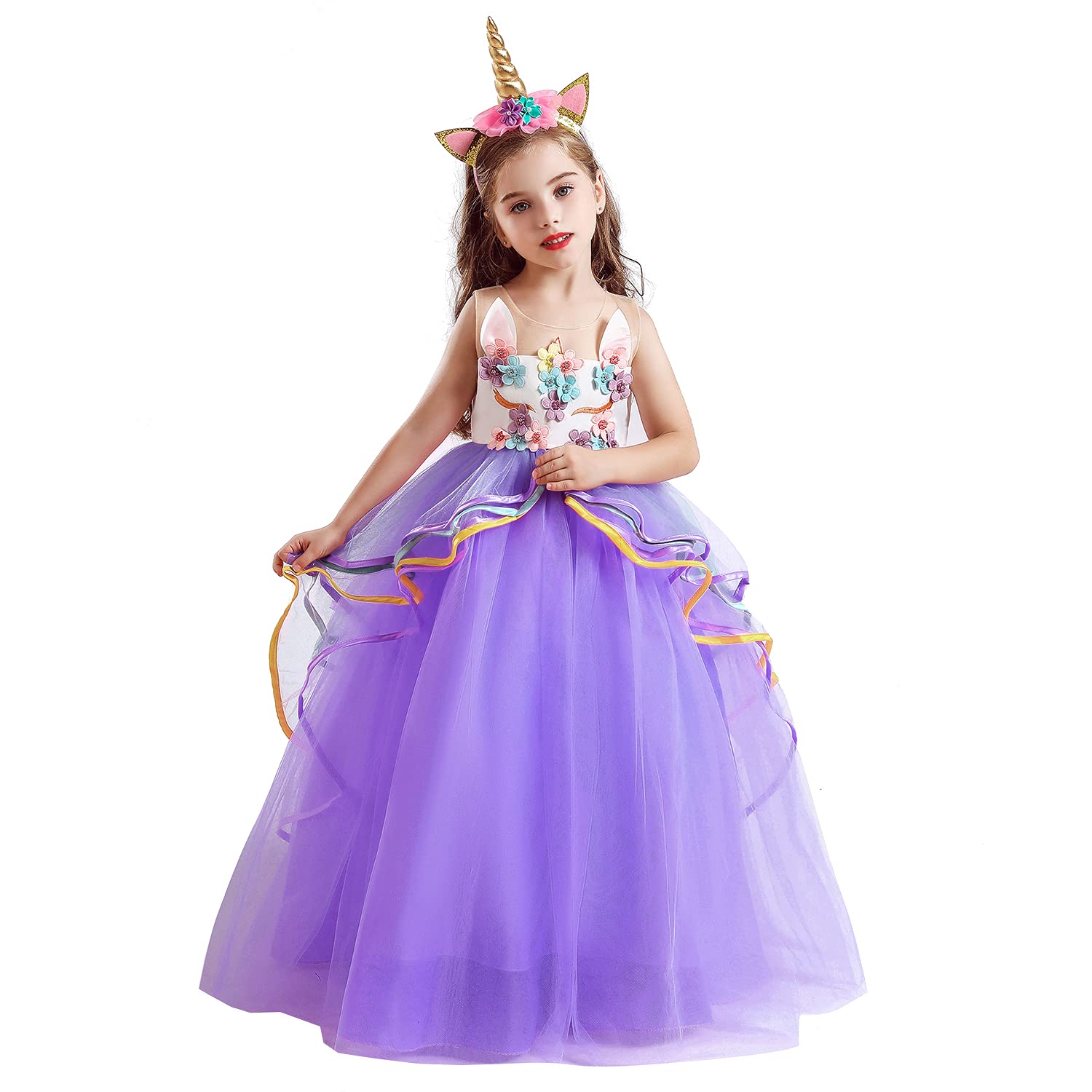 Girls Unicorn Dress Applique Party Cosplay Halloween Fancy Costume