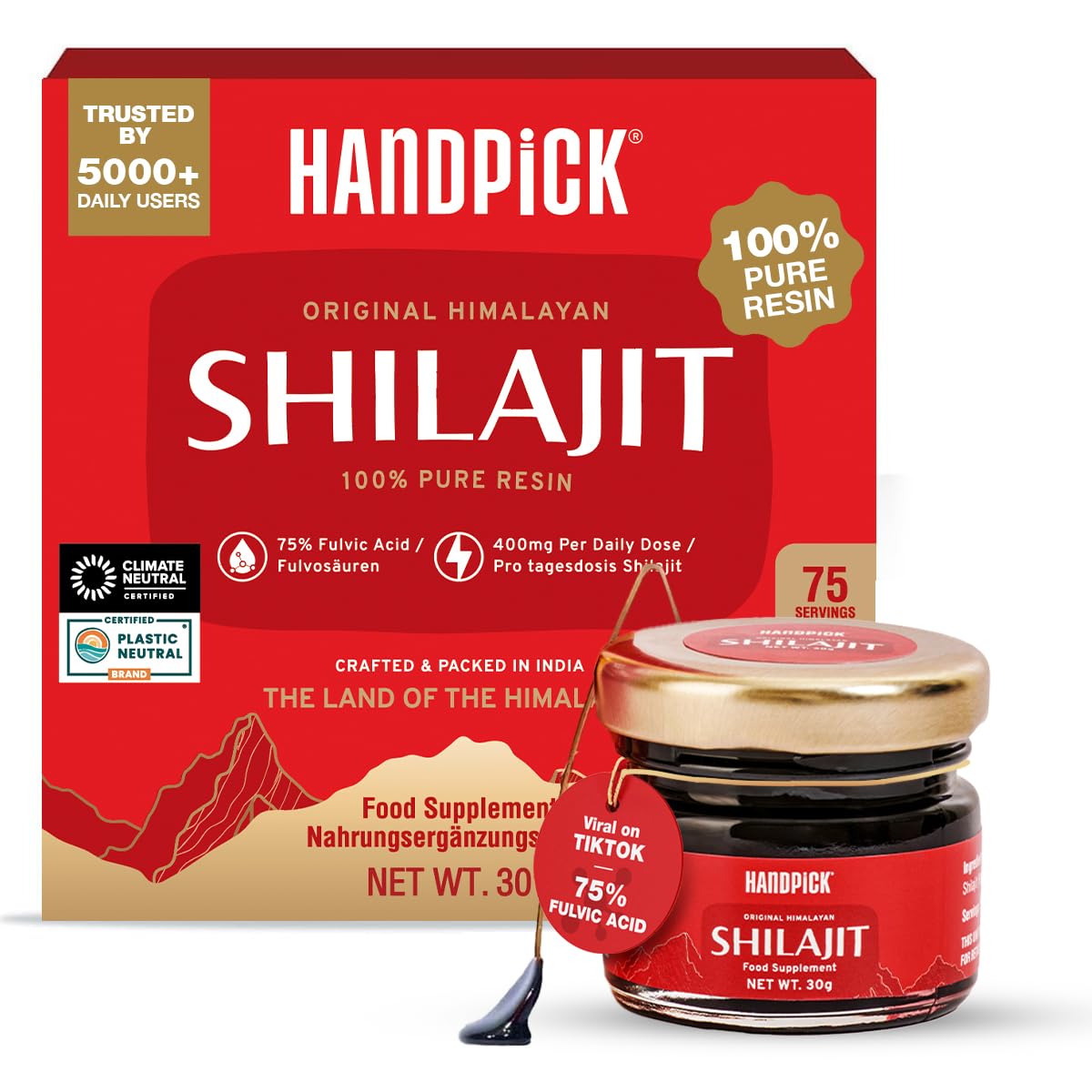 HANDPICK Pure Himalayan Shilajit Resin | 75% Fulvic Acid, 85+ Trace Minerals | 100% Pure Natural Shilajit Supplement | 30g | Non-GMO, Gluten-Free | Thoughtful Gift for Men, Women | Gift for Partner