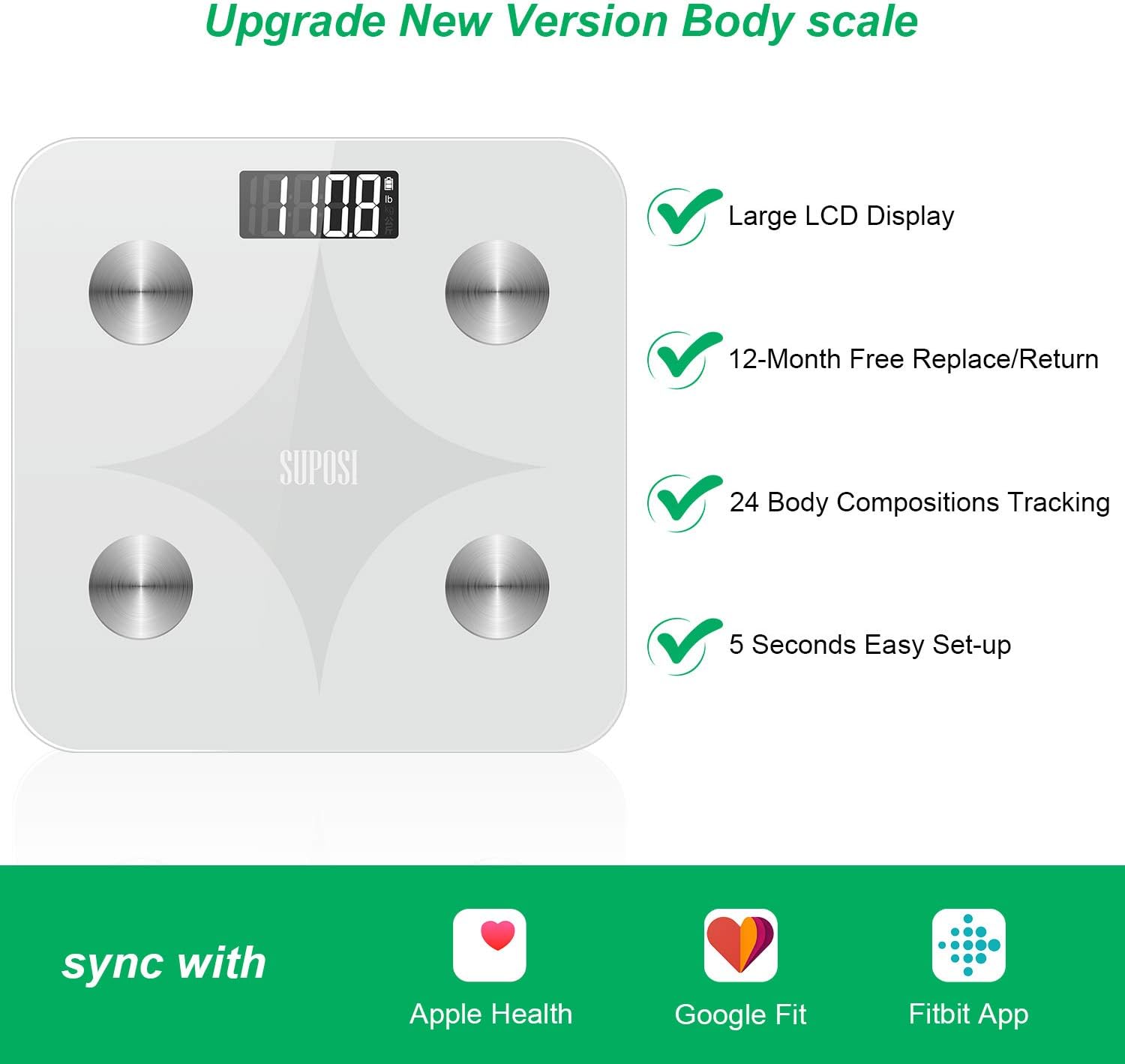 SUPOSI Smart Digital Body Fat Scale, Wireless BMI Bathroom Weight Scale for Body Weight, 24 Body Composition Analyzer Health Monitor Bluetooth Body Weight Scale with Smart Phone App, 396 lbs, White: Health & Personal Care