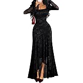 GothDark Womens Lace Maxi Dress Bodycon Square Neck Floral Sheer Ruffle Sleeves High Low Mermaid Elegant Evening Party Outfit